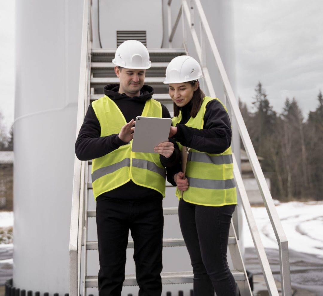 full-shot-smiley-engineers-with-tablet